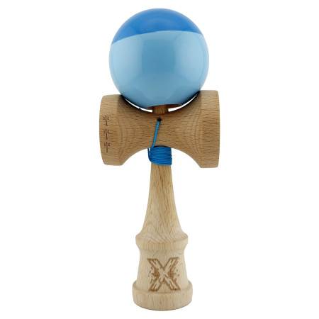 Kendama X Originala, Profesionala, Cyrax, Big Cups V2, Super Sticky cu Cupe Mari, Rulment Metalic, din lemn 18 cm, Ata 55 cm, Albastru/Bleu