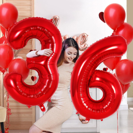 Balon din Folie Metalizata Cyrax, Figurina Cifra, Tema Aniversare 80 cm, Ambalaj Individual, Pai inclus, Umflare cu Aer sau Heliu, Rosu, Cifra 6