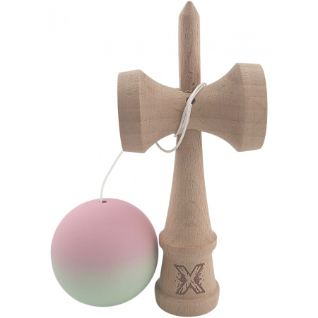 Kendama X Originala, Profesionala, Cyrax, din Lemn, Rubber Grip, 18 cm, Roz/Verde
