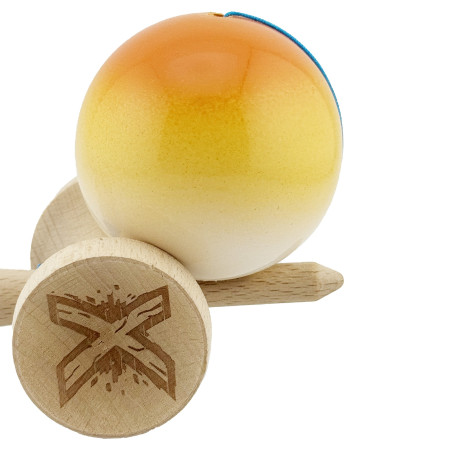 Kendama X Originala, Profesionala, Cyrax, Big Cups V2, Super Sticky cu Cupe Mari, din lemn 18 cm, Rulment Metalic cu Ata 55 cm, Portocaliu/Galben/Alb