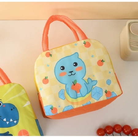 Geanta Termoizolanta pentru Copii, Cyrax, 23x13x19 cm, Model Imprimeu Foca, din Folie de Aluminiu si Panza Oxford, Galben/Portocaliu