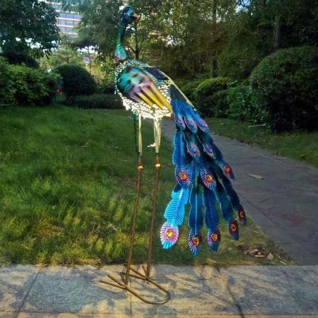 Decoratiune de Gradina cu Lampa solara,  Model Paun, Iluminare Led si Incarcare Solara, 91.5 x 45 x 26 cm, din Fier, Albastru azur