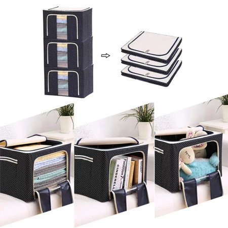 Cutie de Depozitare Pliabila,  Cu Fermoar, 100 L, Textil, 60x42x40 cm, Albastru Marin, Cadru Metalic, Suport Baza Stabil din Plastic, Imprimeu buline