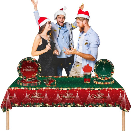 Fata de Masa Festiva, Cyrax, Dreptunghiulara, Imprimeu Merry Christmas, Tema Craciun, Rezistenta la Apa, din PVC, 137 x 274 cm, Rosu/Verde