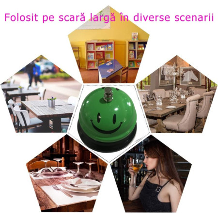 Clopotel Metalic Multifunctional, Cyrax, Verde cu Imprimeu Smiley Face, 7.5x7.5x6.5 cm, Receptie, Restaurant, Cafenele