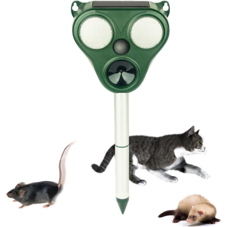 Aparat Solar LED cu Ultrasunete,  Repelent pentru Animale Mari si Mici, Lumina Rosie si Alba, Anti Rozatoare, Anti Insecte, Frecventa 13.5KHZ-65 KHZ, Senzor PIR, 13 x 14.7 x 24.5 cm, Verde