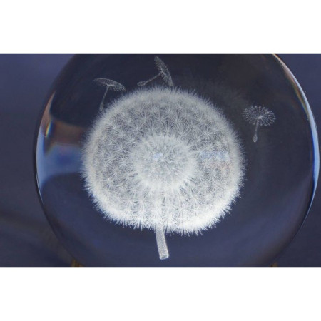 Lampa LED Decorativa,  cu Bila de Cristal cu Diametru 6cm, Model Papadie 3D, Alimentare USB, Suport din Lemn, Lumina Alb Cald