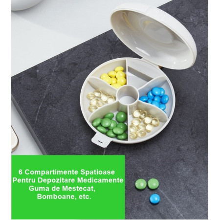 Cutie Depozitare Medicamente,  6 Compartimente, Inchidere Etans, Portabila, Rotund, Alb/Gri, PP, 8.4x2.9x8.5 cm