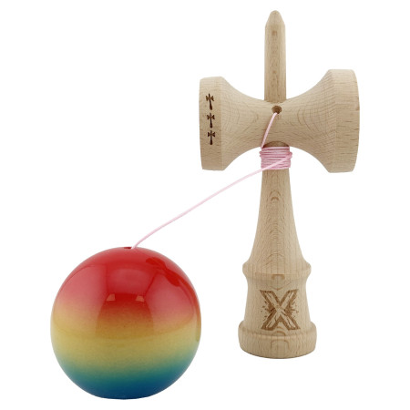 Kendama X Originala, Profesionala, Cyrax, Big Cups V2, Super Sticky Cupe Mari, Rulment Metalic cu Ata 55 cm, Rosu/Galben/Albastru