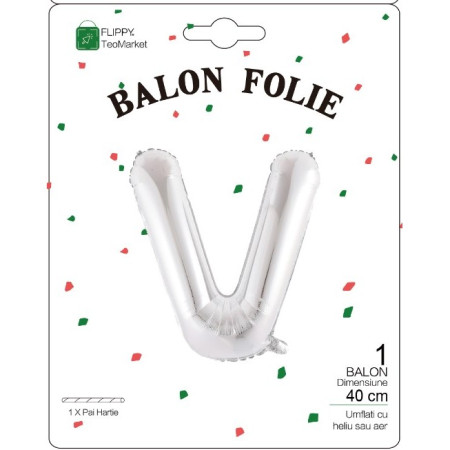 Balon Folie Metalizata Litera V, Cyrax, 40 cm, Umflati cu Heliu sau Aer, Ambalaj Individual, Pai inclus, Argintiu