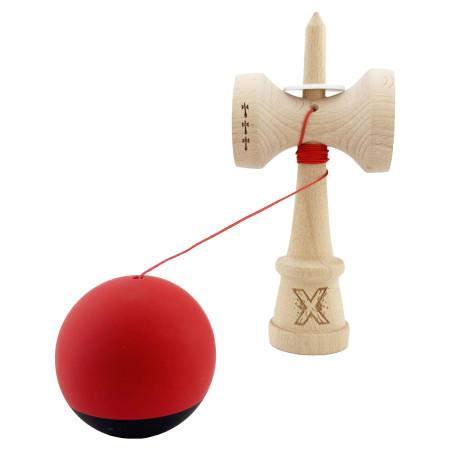 Kendama X Originala, Profesionala, Cyrax, Cupe Mari KING SIZE V3, Rubber Grip, Gaura in Baza, Rulment Metalic, din lemn 18 cm, Ata 62/65 cm, Bicolor Rosu/Negru