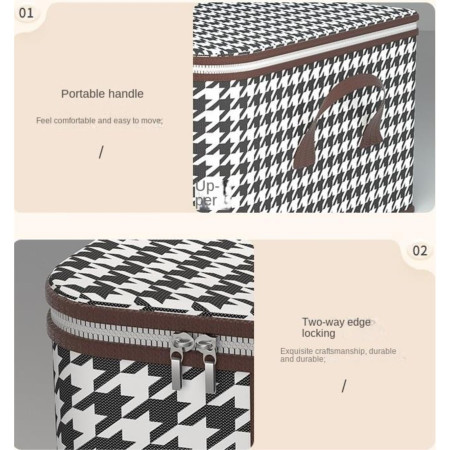 Cutie de Depozitare Pliabila,  60x40x30 cm, 75 L, Fereastra Frontala, cu Fermoar Bidirectional, Suport Baza Stabil, Imprimeu in Carouri, Alb/Negru