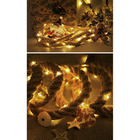 Instalatie Luminoasa,  cu Fir de Cupru, 3 m, 60 LED-uri, Model Sfoara de Canepa, cu Baterii, 8 Jocuri de Lumini, IP44, Alb Cald