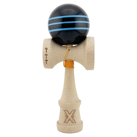 Kendama X Originala, Profesionala, Cyrax, Big Cups V2, Super Sticky Legendary Cupe Mari, Rulment Metalic cu Ata 55 cm, Negru/Linii Albastre deschise