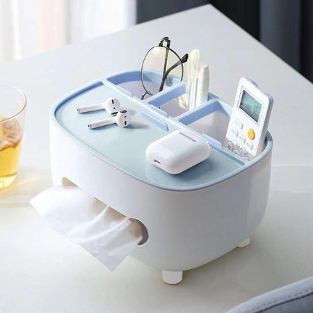 Suport pentru Servetele,  Cutie Multifunctionala, Design Minimalist, ABS, cu Suport pentru Obiectele Personale, pentru Birou, 21x12x12 cm, Albastru