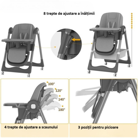 Scaun de Masa pentru Bebelusi si Copii, Cyrax, 2 Tavite si Husa Detasabile, Multifuncțional, Stabil, Centura de Siguranta, Inaltime Ajustabila, Spatar Reglabil Moale, Cos de Depozitare, 100x50x80cm, de la 6 Luni, Gri
