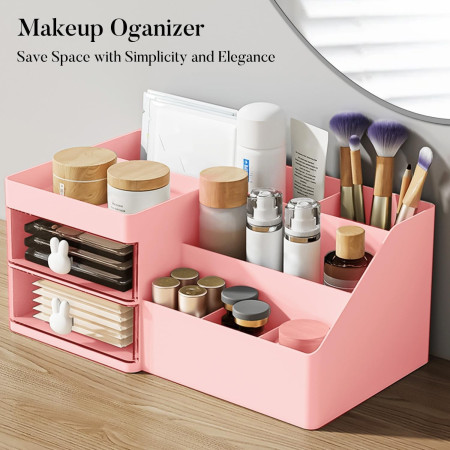 Cutie de Depozitare pentru Birou,  Pentru Makeup, Papetarie, Organizator Cosmetice, 2 Sertare si Compartimente Multiple, Model Iepuras, Plastic, 27.5x15.5x12 cm, Roz