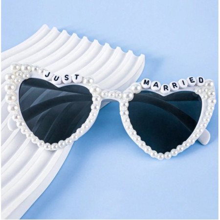 Ochelari Decorativi, Cyrax, Model Just Married, cu Perle, pentru Nunta, din PC, 15.3 x 5.7 x 14.5 cm, Alb