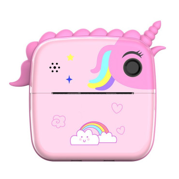 Camera Instantanee pentru Copii, Cyrax, Camera Frontala + Selfie, cu Functie de Printare, Cablu USB-C, Bluetooth, Compatibil iOS/Android, Model Unicorn, Snur Inclus, Roz