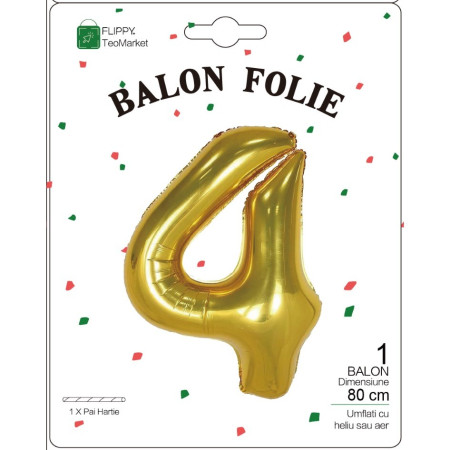 Balon din Folie Metalizata Cyrax, Figurina Cifra, Tema Aniversare 80 cm, Ambalaj Individual, Pai inclus, Umflare cu Aer sau Heliu, Auriu, Cifra 4
