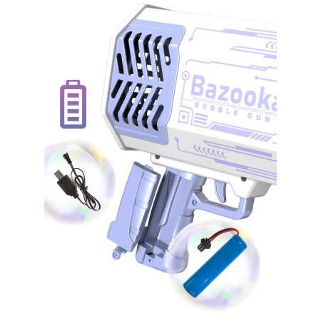 Pistol pentru Baloane de Sapun, Cyrax, 69 de Gauri, Lumini Colorate, Tavita, Lichid, Baterie de Li, Cablu de Incarcare, 24cm x 14cm x 24cm, Mov