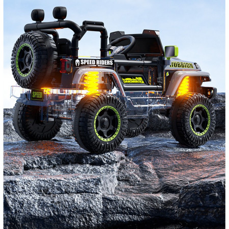 Masina Electrica pentru Copii, Cyrax, Off-Road, Conectare Bluetooth, telecomanda, Tractiune Spate, Lumina Intermitenta, Baterie 12V 7Ah, 120 x 63 x 68cm, Gri