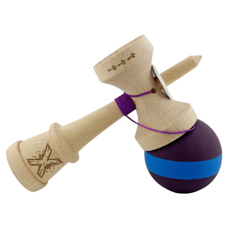 Kendama X Originala, Profesionala, Cyrax, Cupe Mari KING SIZE V3, Rubber Grip, Gaura in Baza, Rulment Metalic, din lemn 18 cm, Ata 62/65 cm, M Mov/Albastru/Mov