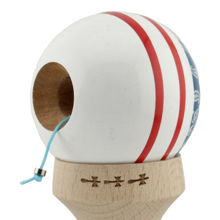 Kendama X Originala CHICANOS, Profesionala, Cyrax, Cupe Mari KING SIZE V3, Super Sticky, Gaura in Baza, Rulment Metalic, din lemn 18 cm, Ata 55 cm, Albastru/Alb