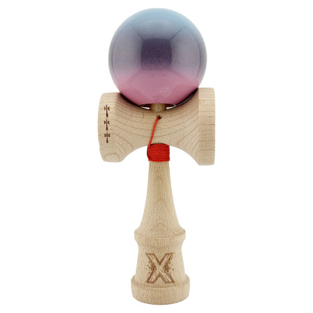 Kendama X Originala, Profesionala, Cyrax, Big Cups V2, Super Sticky Cupe Mari, Rulment Metalic cu Ata 55 cm, Albastru Deschis/Mov/Roz