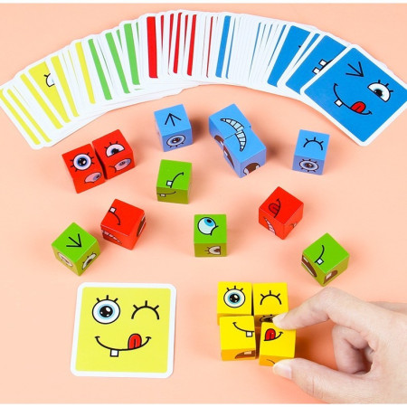 Jucarie Pentru Copii Montessori Cyrax, Cub din Lemn, Asamblare Fete, 64 de Carti Distractive, pentru Baieti si Fete, Varsta +3 ani, Educativ, Cutie din Aluminiu, 13.5 x 4 x 9 cm, multicolor