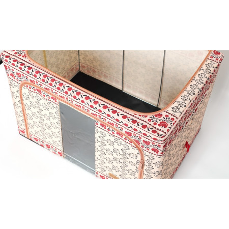Cutie de Depozitare Pliabila, 100 L din Bumbac si In, 60X42X40 cm, Fereastra Frontala, 2 Usi de Acces cu Fermoar Bidirectional, Cadru Metalic, Suport Baza Stabil din Plastic, Motiv Traditional Model 3