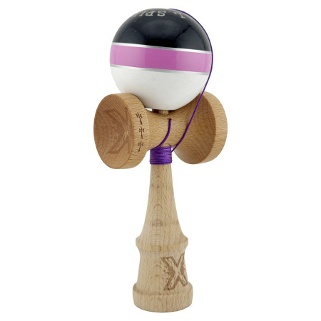 Kendama X ROYAL SPIKE Originala, Profesionala, Cyrax, Big Cups V2, Super Sticky cu Cupe Mari, Rulment Metalic, din lemn 18 cm, Ata 55 cm, Negru/Roz Silver/Alb