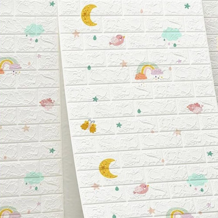 Set 10 Placi Tapet 3D,  70 x 77 cm, Grosime 3 mm, din Polietilena, Tip Caramida, Model Curcubeu, Suprafata acoperita 5.3 mp, Alb