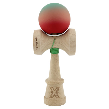 Kendama X Originala, Profesionala, Cyrax, Cupe Mari KING SIZE V3, Rubber Grip, Gaura in Baza, Rulment Metalic, din lemn 18 cm, Ata 62/65 cm, Gradient Verde/Roz/Rosu