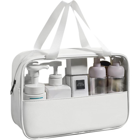 Geanta cosmetice Cyrax, pentru voiaj sau organizare, material PVC/textil, impermeabila, portabila, 30x12x21 cm, alb