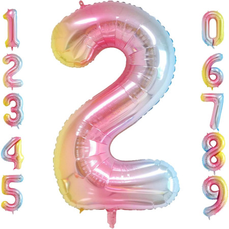 Balon din Folie Metalizata Gradient Cyrax, Figurina Cifra, Tema Aniversare 100 cm, Ambalaj Individual, Pai inclus, Umflare cu Aer sau Heliu, Multicolor, Cifra 2