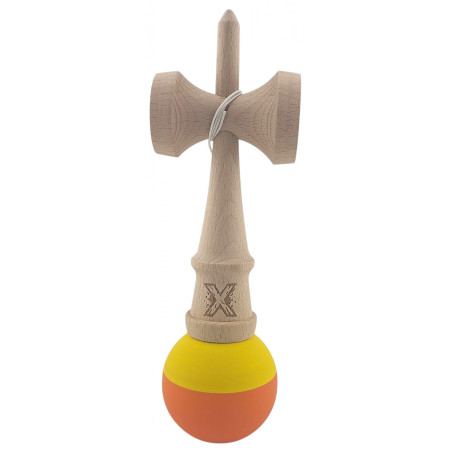 Kendama X Originala, Profesionala, Cyrax, din Lemn, Rubber Grip, 18 cm, Galben/Portocaliu