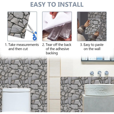 Set 10 x Placi Tapet Autocolant 3D cu Imitatie de Pietre, pentru Perete Bucatarie Sufragerie, Usor de Curatat, Rezistent la Apa, Autoadeziv, 30x30 cm, Gri