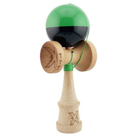 Kendama X Originala, Profesionala, Cyrax, Big Cups V2, Super Sticky cu Cupe Mari, Rulment Metalic, din lemn 18 cm, Ata 55 cm, Verde/Negru