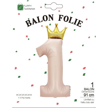 Balon din Folie Metalizata, Cyrax, Figurina Cifra 1, Model Coroana Printesa, 91 cm, Ambalaj Individual, Pai inclus, Umflare cu Aer sau Heliu, Roz