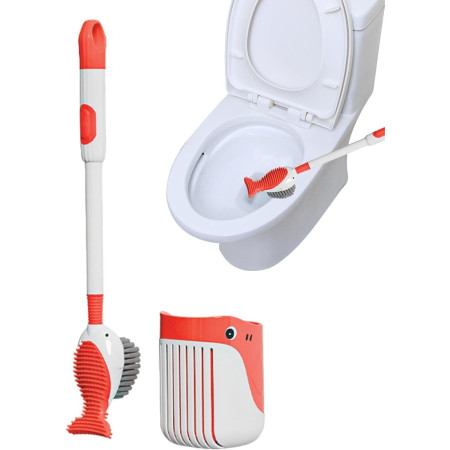 Perie de Toaleta,  cu Suport de Perete, Recipient Detergent, 2 Tipuri de Perii, Model Balena, Rosu