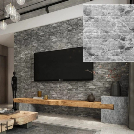 Set 10 Placi Tapet 3D,  70 x 77 cm, Grosime 3 mm, din Polietilena, Model Caramida, Suprafata acoperita 5.3 mp, Marmura Gri