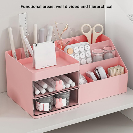 Cutie de Depozitare pentru Birou,  Pentru Makeup, Papetarie, Organizator Cosmetice, 2 Sertare si Compartimente Multiple, Model Iepuras, Plastic, 27.5x15.5x12 cm, Roz