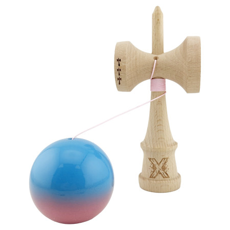 Kendama X Originala, Profesionala, Cyrax, Big Cups V2, Super Sticky cu Cupe Mari, din lemn 18 cm, Rulment Metalic cu Ata 55 cm, Albastru/Roz
