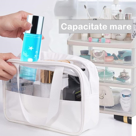 Geanta cosmetice Cyrax, pentru voiaj sau organizare, material PVC/textil, impermeabila, portabila, 30x12x21 cm, alb