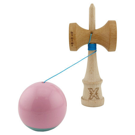 Kendama X Originala, Profesionala, Cyrax, Big Cups V2, Super Sticky cu Cupe Mari, Rulment Metalic, din lemn 18 cm, Ata 55 cm, Roz/Verde