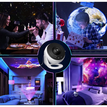Lampa Tip Proiector Galaxie,  pentru Dormitor, Tematica Cer Instelat, Model Glob, HD, Rotire 360 de Grade, 20 de Imagini, Incarcare USB, 10 W, 15x15 cm, Alb Negru
