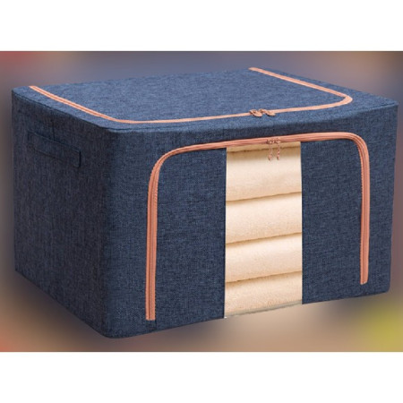 Cutie de Depozitare Pliabila,  66 L, din Bumbac si In, 50x40x33 cm, Fereastra Frontala, 2 Usi de Acces cu Fermoar Bidirectional, Cadru Metalic, Suport Baza Stabil din Plastic, Albastru Marin