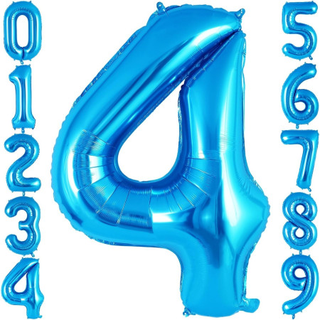 Balon din Folie Metalizata, Cyrax, Figurina Cifra, Tema Aniversare 100 cm, Ambalaj Individual, Pai inclus, Umflare cu Aer sau Heliu, Albastru, Cifra 4