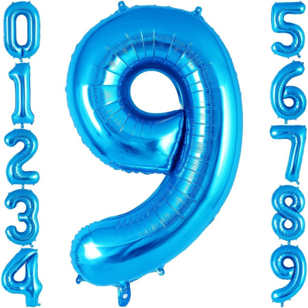 Balon din Folie Metalizata Cyrax, Figurina Cifra, Tema Aniversare 40 cm, Ambalaj Individual, Pai inclus, Umflare cu Aer sau Heliu, Albastru, Cifra 9